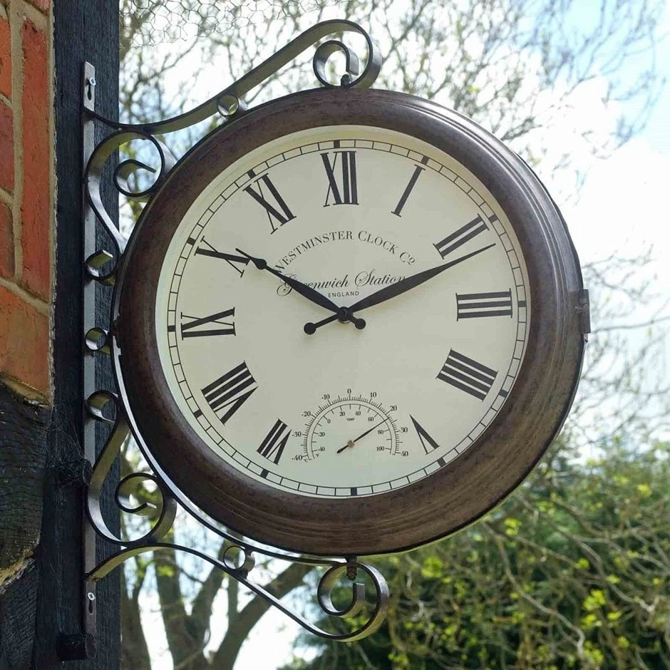 Double Sided Metal Greenwich Station Clock And Thermometer 1 Double Sided Metal Greenwich Station Clock And Thermometer