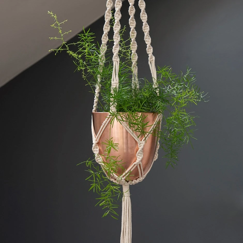 Macrame Hanger With Brushed Copper Pot 1 Macrame Hanger With Brushed Copper Pot